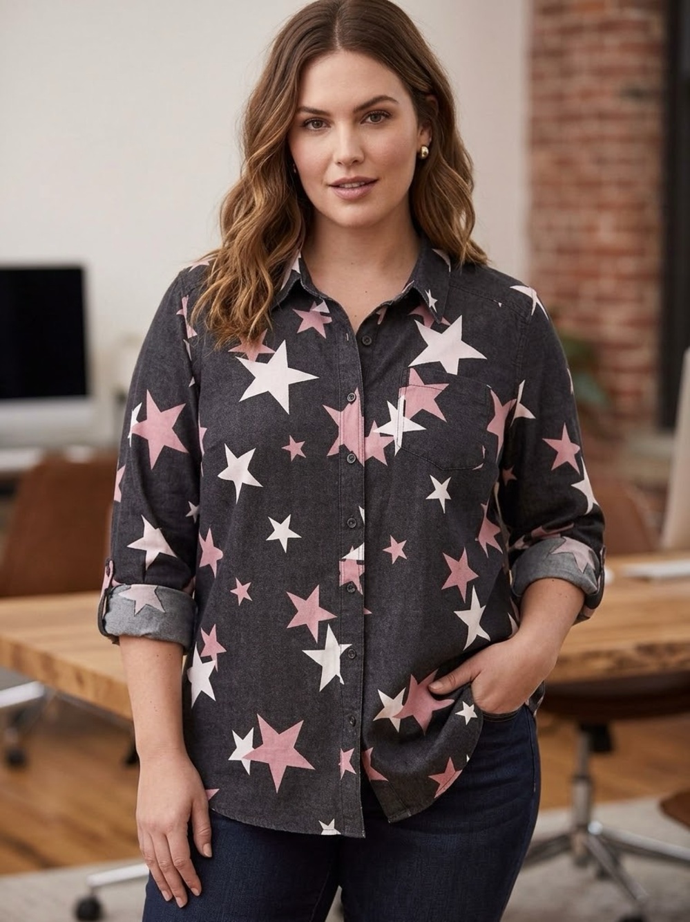 Torrid Black & Pink Star Print Taylor Relaxed Button-Up Shirt NWT Size 1X / 1
